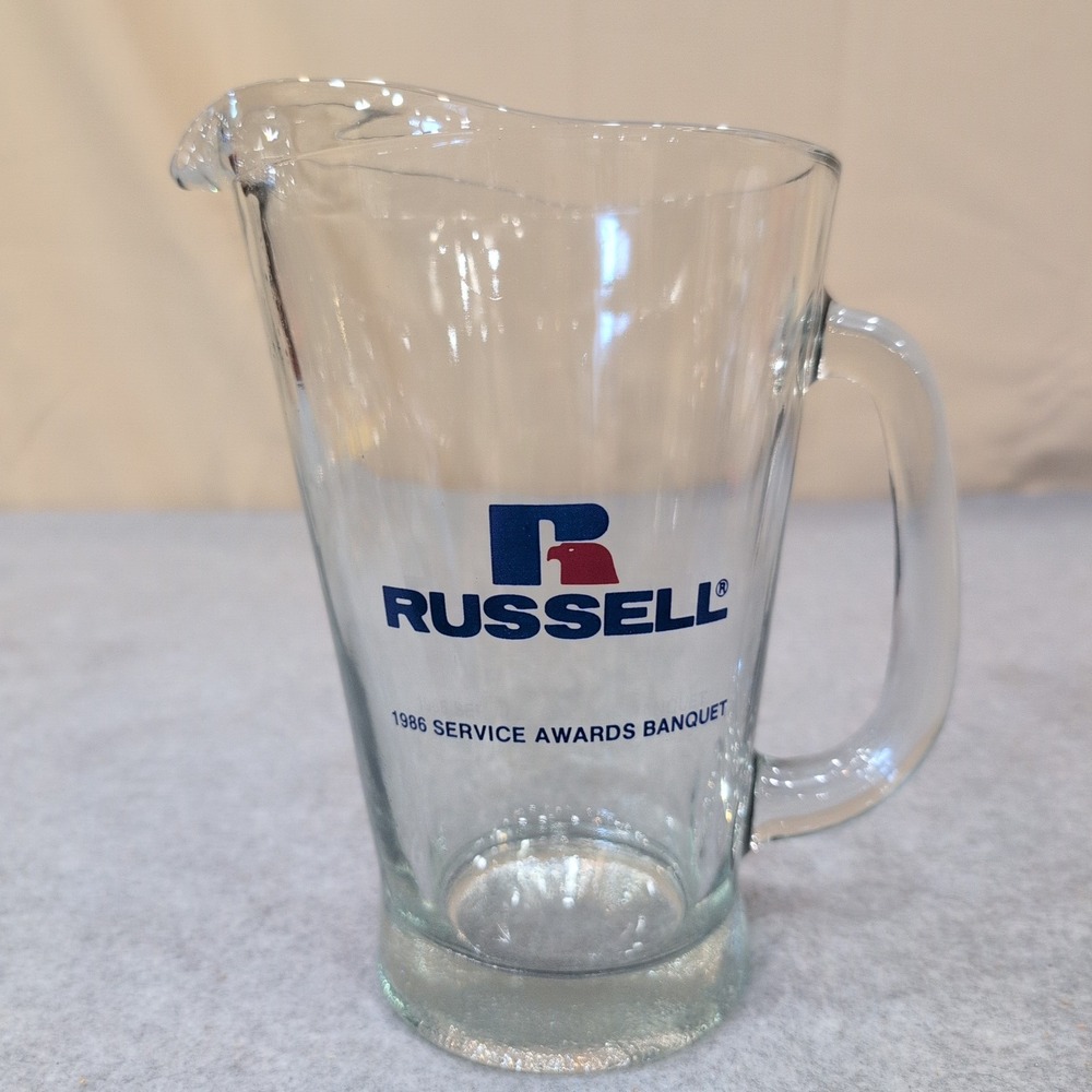 Vintage‎ 1986 Russell Athletic Service Awards Banquet Glass Pitcher Clear Logo